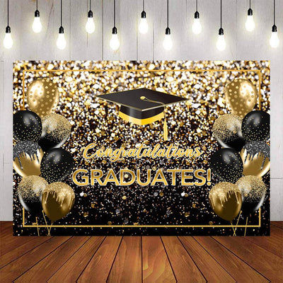 Mocsicka Black and Gold Balloons Bachelor Cap Congrats Graduation Backdrop-Mocsicka Party
