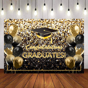 Mocsicka Black and Gold Balloons Bachelor Cap Congrats Graduation Backdrop-Mocsicka Party