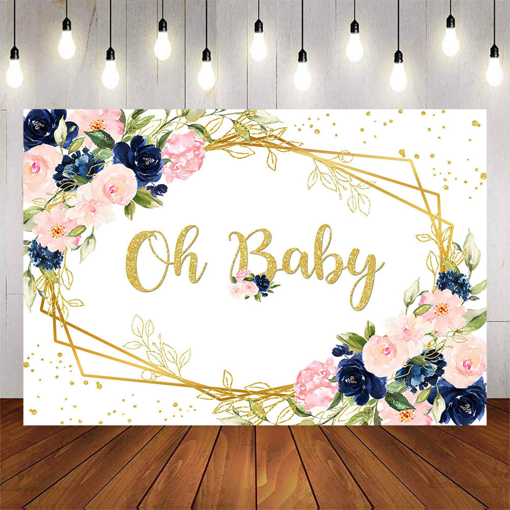 Mocsicka Blue and Pink Flowers Golden Dots Oh Baby Shower Backdrop-Mocsicka Party