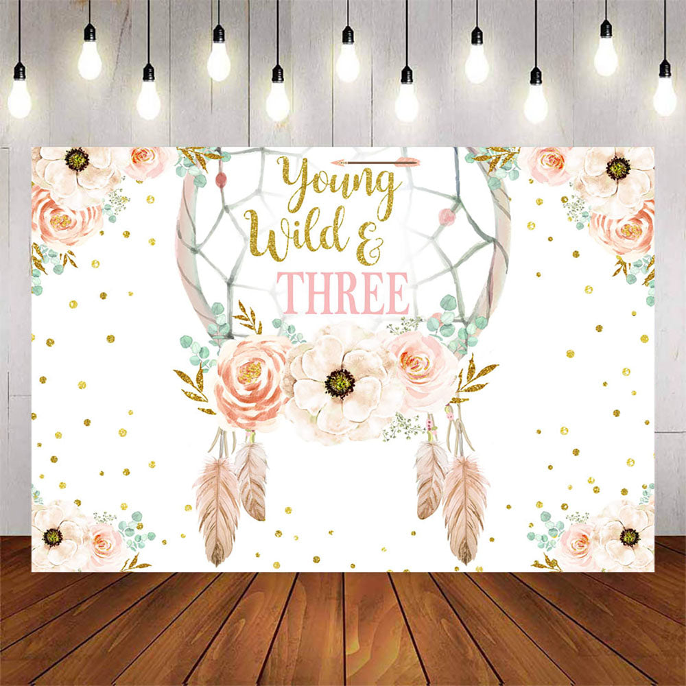 Mocsicka Dreamcatcher and Pink Flowers Young Wild Three Birthday Backdrop-Mocsicka Party