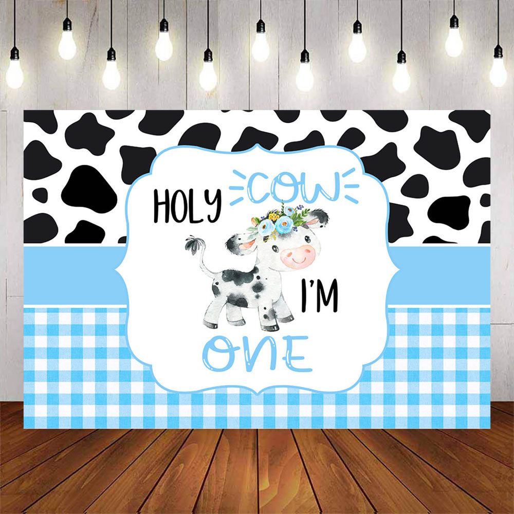 Mocsicka Blue Plaid and Little Cow Happy 1st Birthday Backdrop-Mocsicka Party