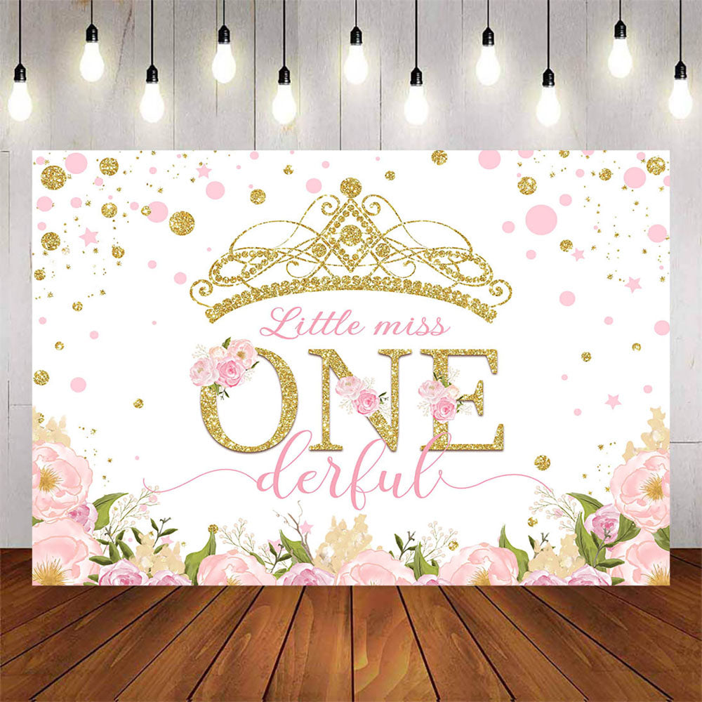 Mocsicka Golden Crown and Pink Flowers Little Miss Onederful birthday Backdrop-Mocsicka Party