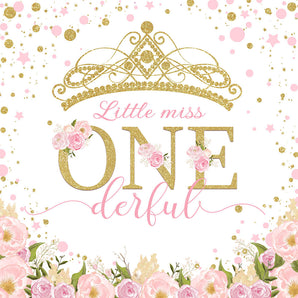 Mocsicka Golden Crown and Pink Flowers Little Miss Onederful birthday Backdrop