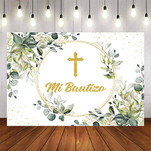 Mocsicka Blue Flowers and Gold Cross Mi Bautizo Baby Shower Backdrop-Mocsicka Party