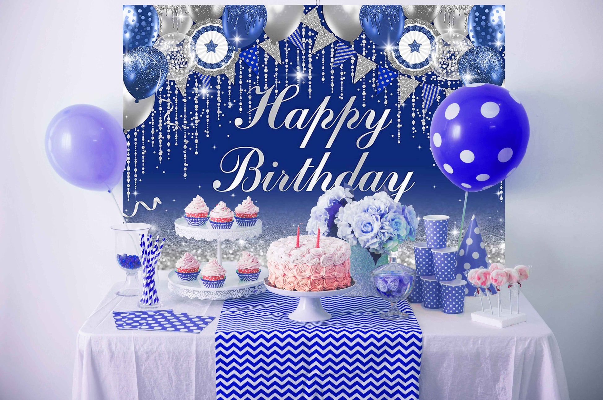 Mocsicka Blue and Sliver Balloons Happy Birthday Backdrop-Mocsicka Party