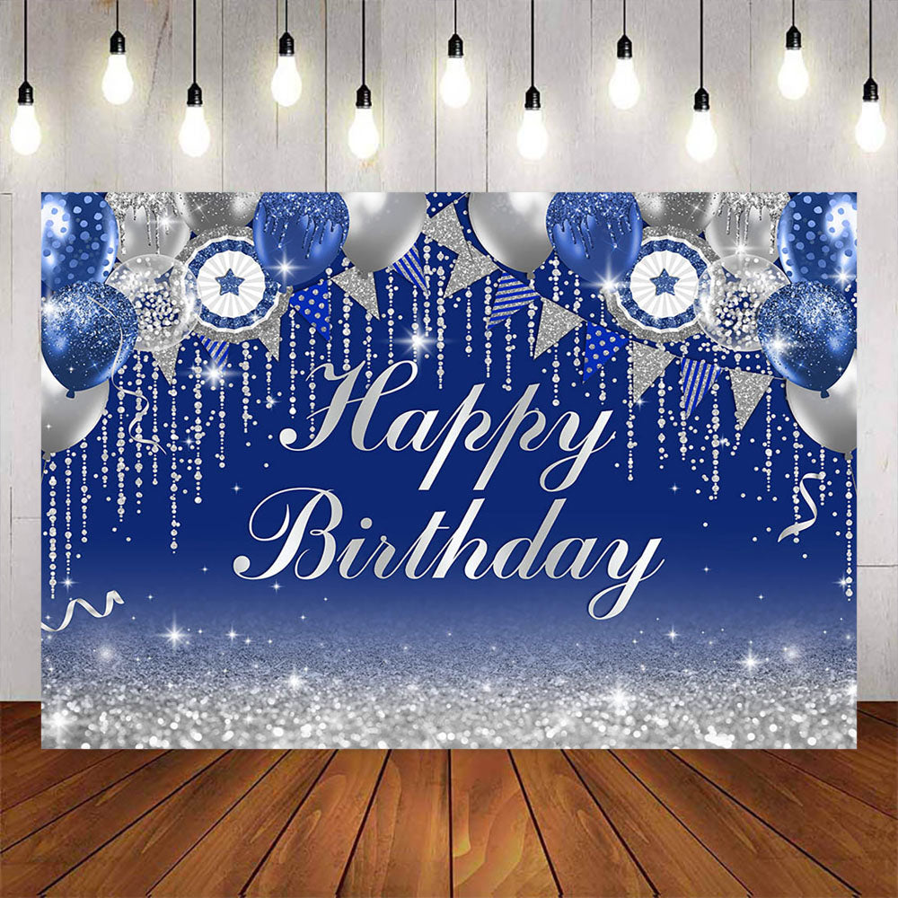 Mocsicka Blue and Sliver Balloons Happy Birthday Backdrop