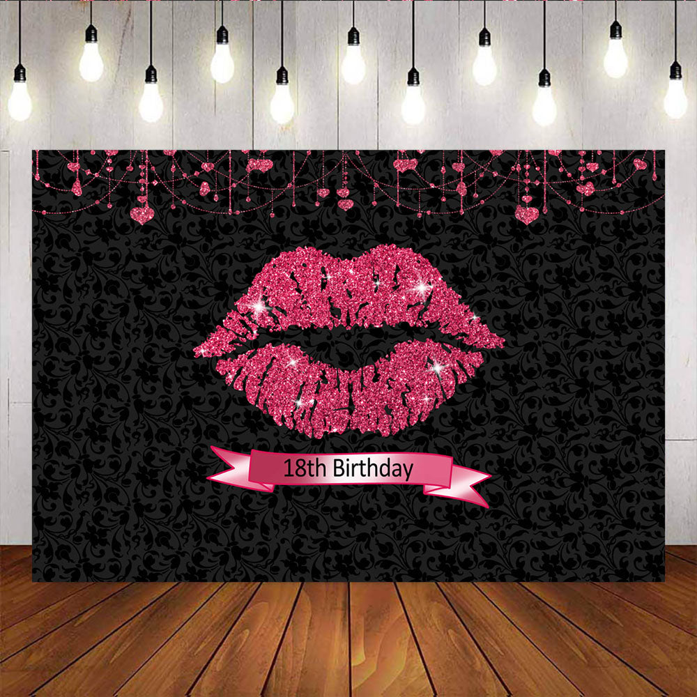 Mocsicka Happy 18th Birthday Backdrop Black Pattern Red Lips Photo Background-Mocsicka Party