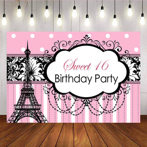 Mocsicka Sweet 16th Birthday Party Supplies Stripes Eiffel Tower Photo Backdrop-Mocsicka Party