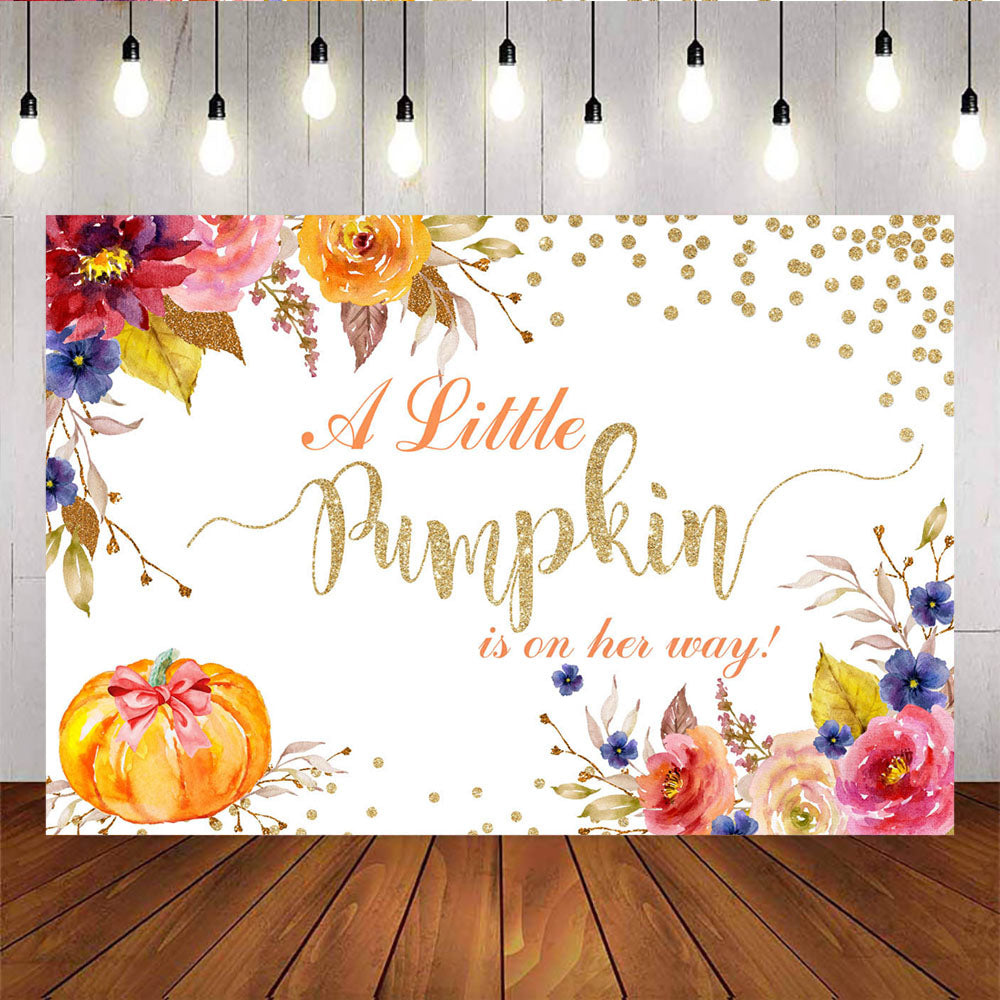 Mocsicka A Little Pumpkin is on Her Way Baby Shower Back Drops Flower Gold Dots Background-Mocsicka Party