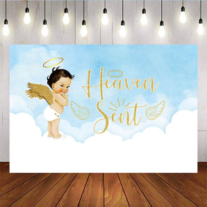 Mocsicka Heaven Sent Baby Shower Backdrop Little Angle Gold Wings Photo Background-Mocsicka Party
