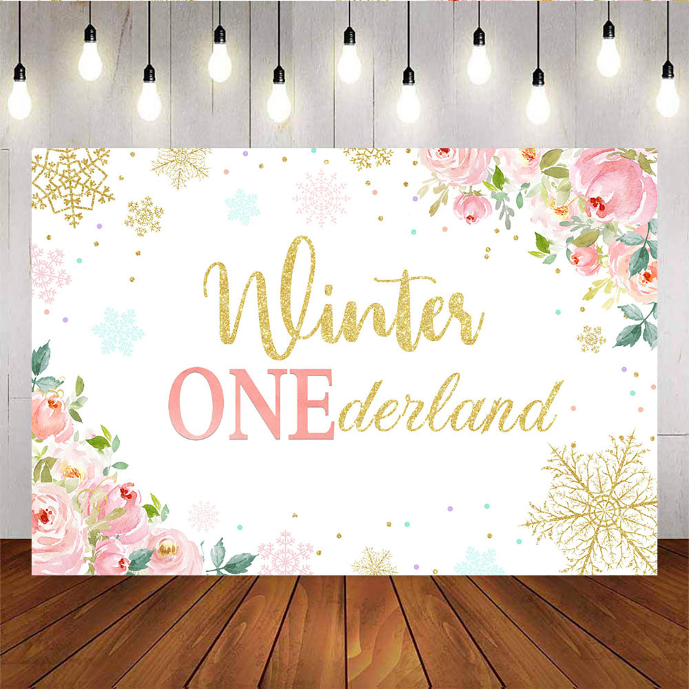 Mocsicka Winter Wonderland Golden Snowflakes Pink Flowers Baby Shower Backdrops-Mocsicka Party