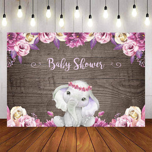 Mocsicka Girl Elephant Baby Shower Backdrop Pink Purple Floral Photo Background-Mocsicka Party