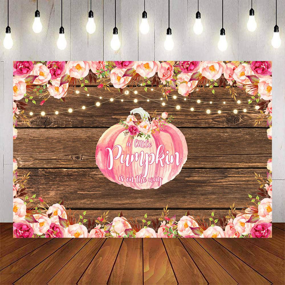 Mocsicka Wooden Floor Background Pink Pumpkin Baby Shower Back Drops-Mocsicka Party