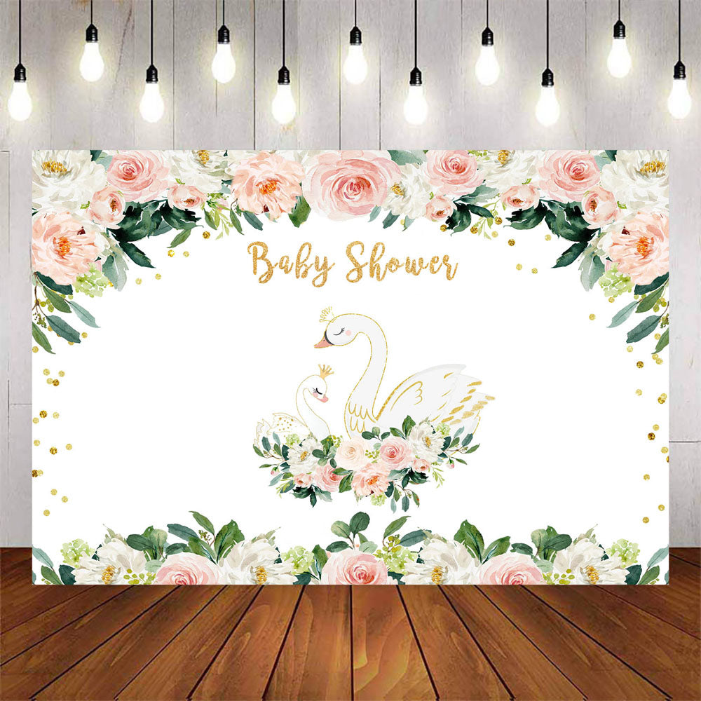 Mocsicka Crown White Swan Baby Shower Backdrop Spring Floral Golden Dots Background-Mocsicka Party