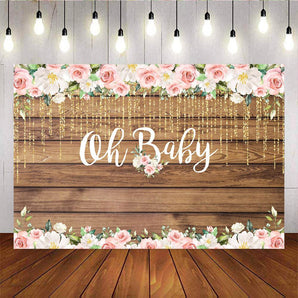 Mocsicka Oh Baby Backdrop Pink Flowers Wooden Floor Baby Shower Back Ground-Mocsicka Party