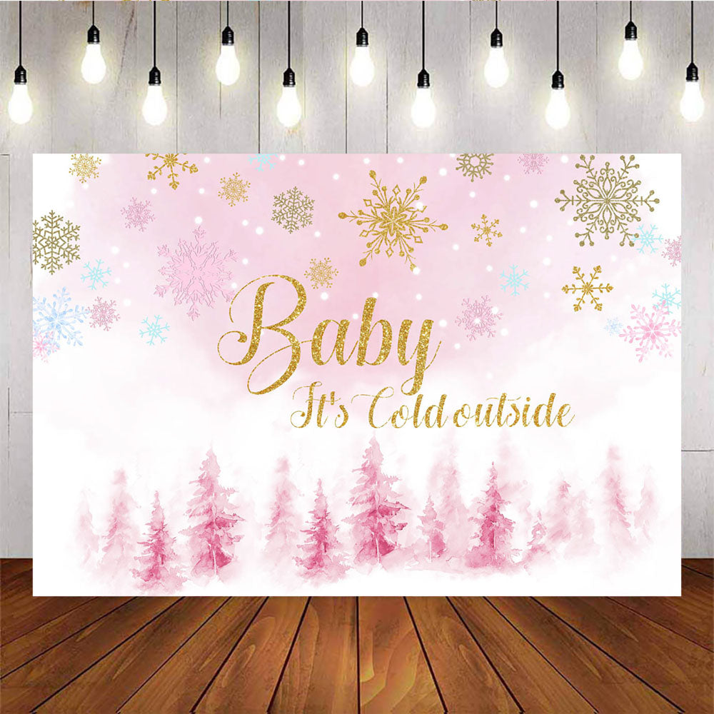 Mocsicka It's Cold Outside Pink Forest Winter Snowflakes Baby Shower Backdrops-Mocsicka Party