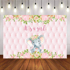 Mocsicka It's a Girl Elephant Baby Shower Backdrop Pink Floral Background-Mocsicka Party