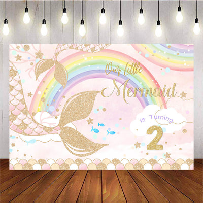 Mocsicka Golden Pink Mermaid is Turning Two Backdrop 2nd Birthday Party Supplies-Mocsicka Party