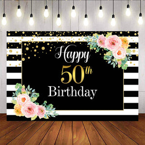 Mocsicka Happy 50th Birthday Party Prop Golden Dots Flowers and Stripes Background-Mocsicka Party