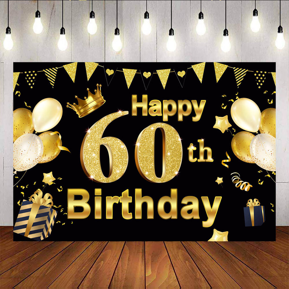 Mocsicka Happy 60th Birthday Backdrop Golden Crown Ribbons and Balloons Background-Mocsicka Party