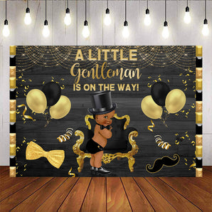 Mocsicka A Little Gentleman is on the Way Backdrop Black Golden Balloons and Ribbons Background-Mocsicka Party