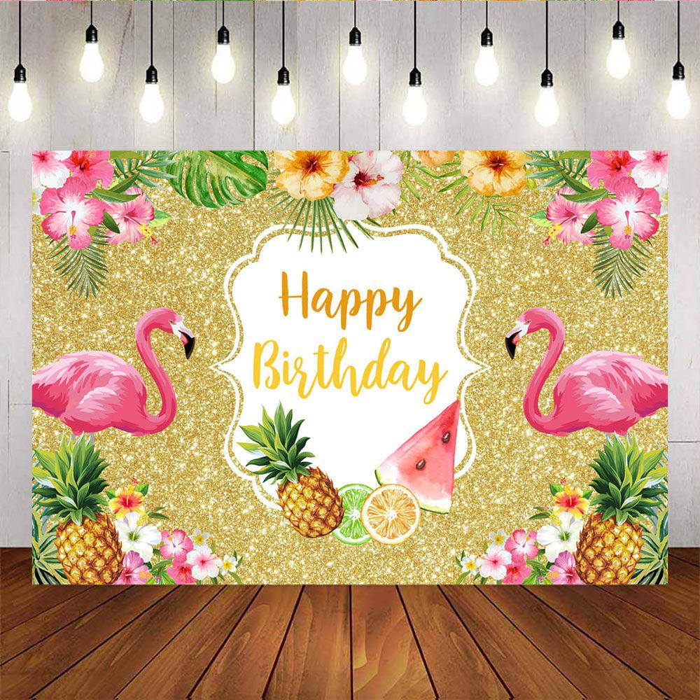 Mocsicka Pink Flamingo Flowers and Pineapple Happy Birthday Golden Backkground-Mocsicka Party