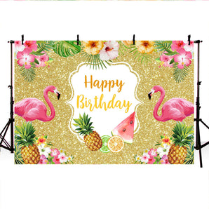 Mocsicka Pink Flamingo Flowers and Pineapple Happy Birthday Golden Backkground