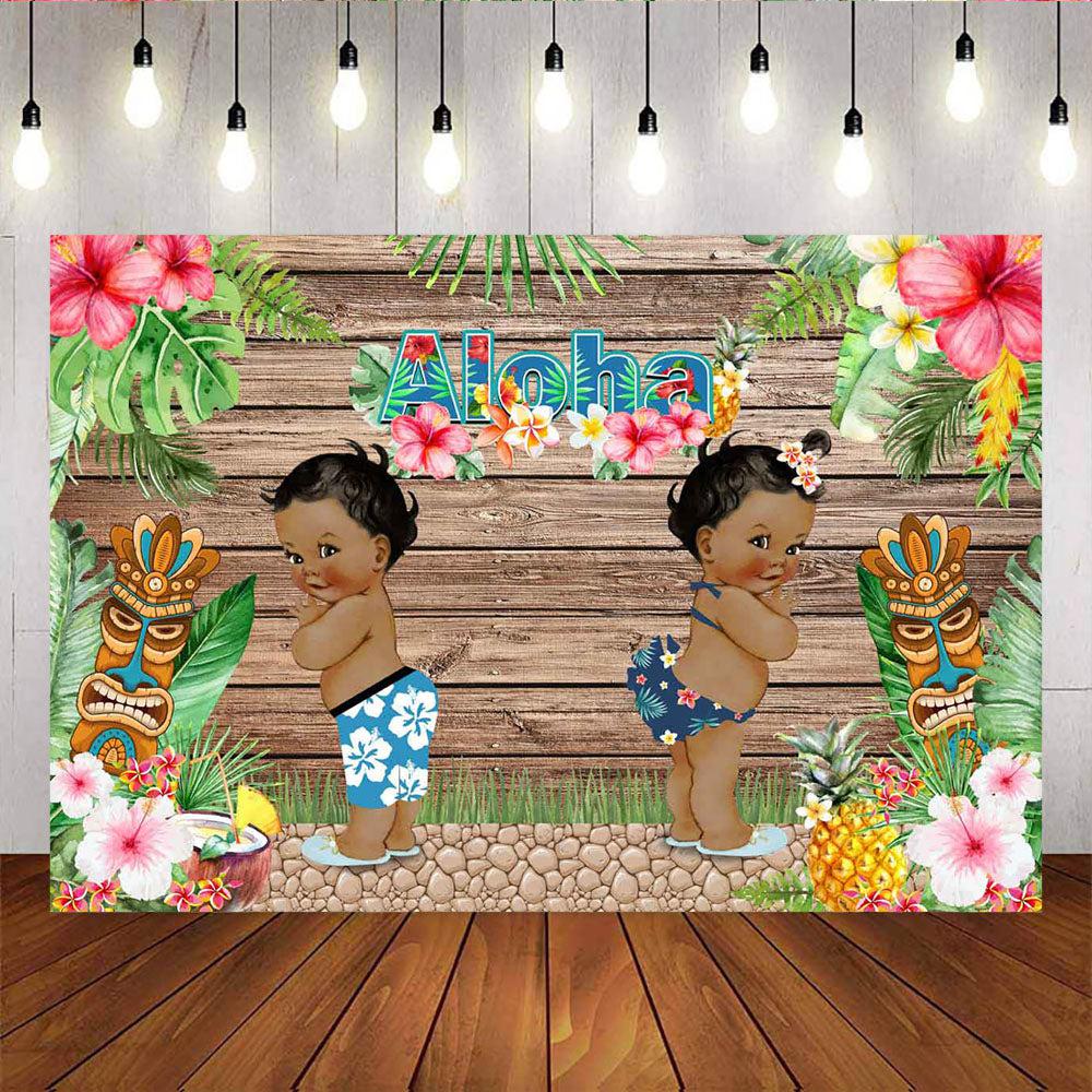 Mocsicka Aloha Theme Baby Shower Background Twins Hawaii Floral Wooden Floor Backdrops-Mocsicka Party