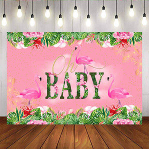 Mocsicka Oh Baby Pink Flamingo and Plam Leaves Baby Shower Background-Mocsicka Party