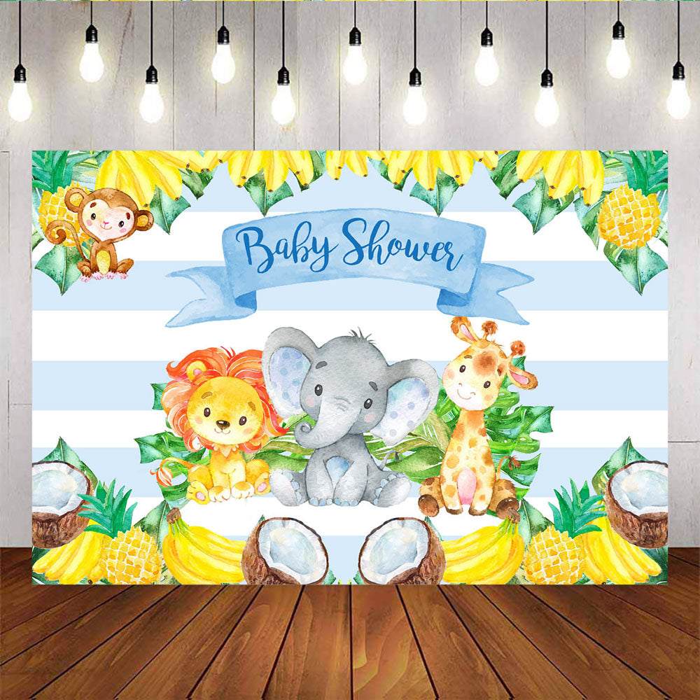 Mocsicka Little Animals and Fruits Baby Shower Backdrop Blue White Stripes Photo Banners-Mocsicka Party