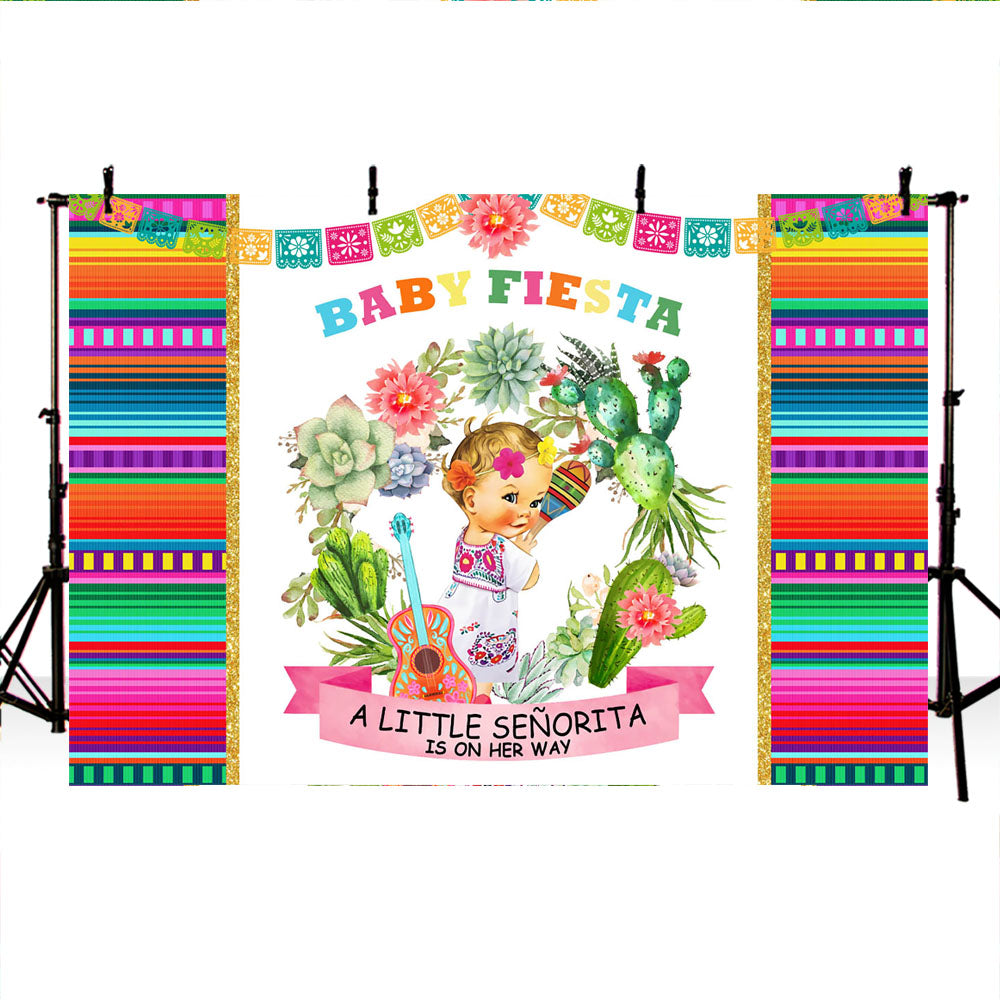 Mocsicka A Little Senorita is on Her Way Fiesta Cactus and Stripes Baby Shower Backdrops