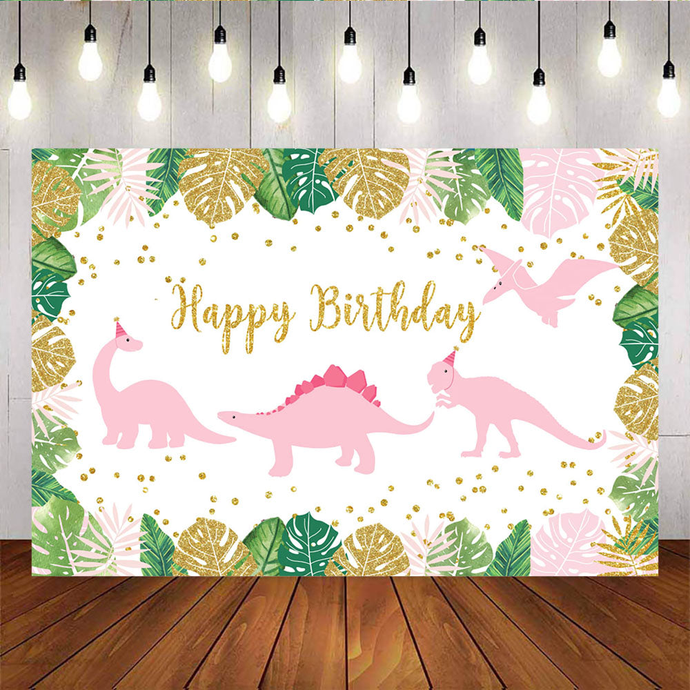 Mocsicka Pink Dinosaur Plam Leaves and Gold Dots Happy Birthday Party Backdrops-Mocsicka Party
