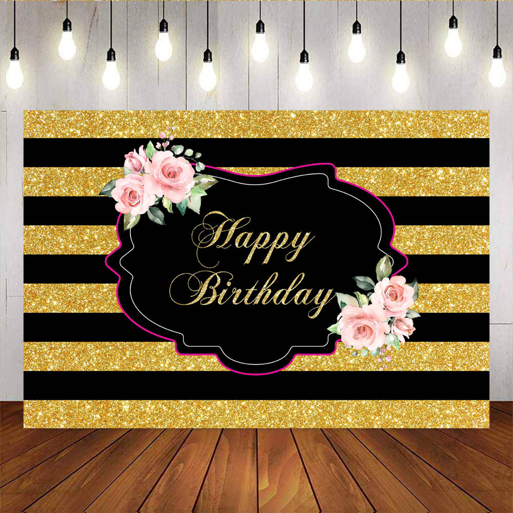 Mocsicka Golden Black Stripes and Flowers Happy Birthday Party Background-Mocsicka Party