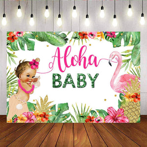 Mocsicka Aloha Baby Shower Backdrop Pink Flamingo Plam Leaves Decor Props-Mocsicka Party