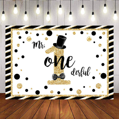 Mocsicka Gentleman Happy 1st Birthday Decor Prop Black Gold Stripes and Dots Background-Mocsicka Party