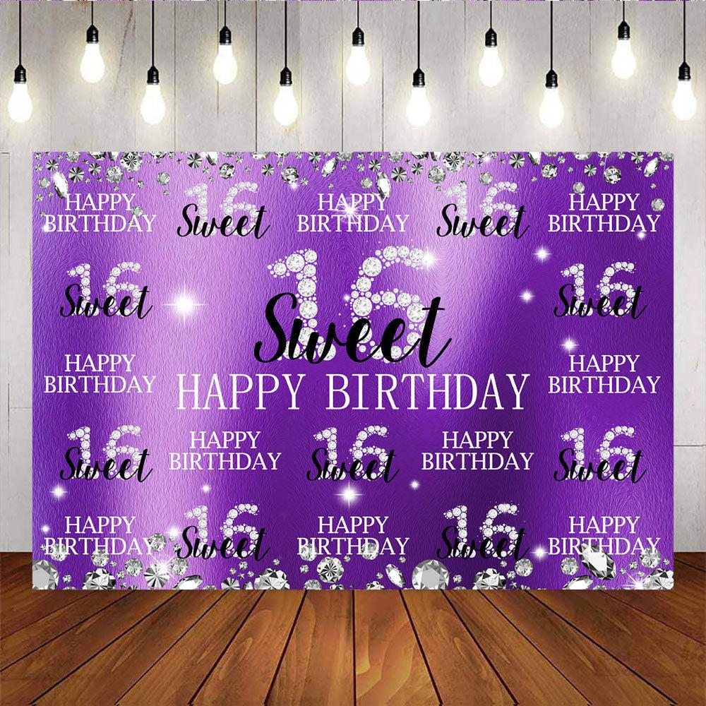 Mocsicka Sweet 16 Birthday Backdrop Diamonds Step and Repeat Purple Background-Mocsicka Party