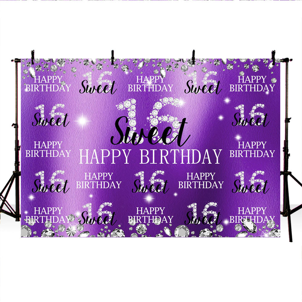 Mocsicka Sweet 16 Birthday Backdrop Diamonds Step and Repeat Purple Background