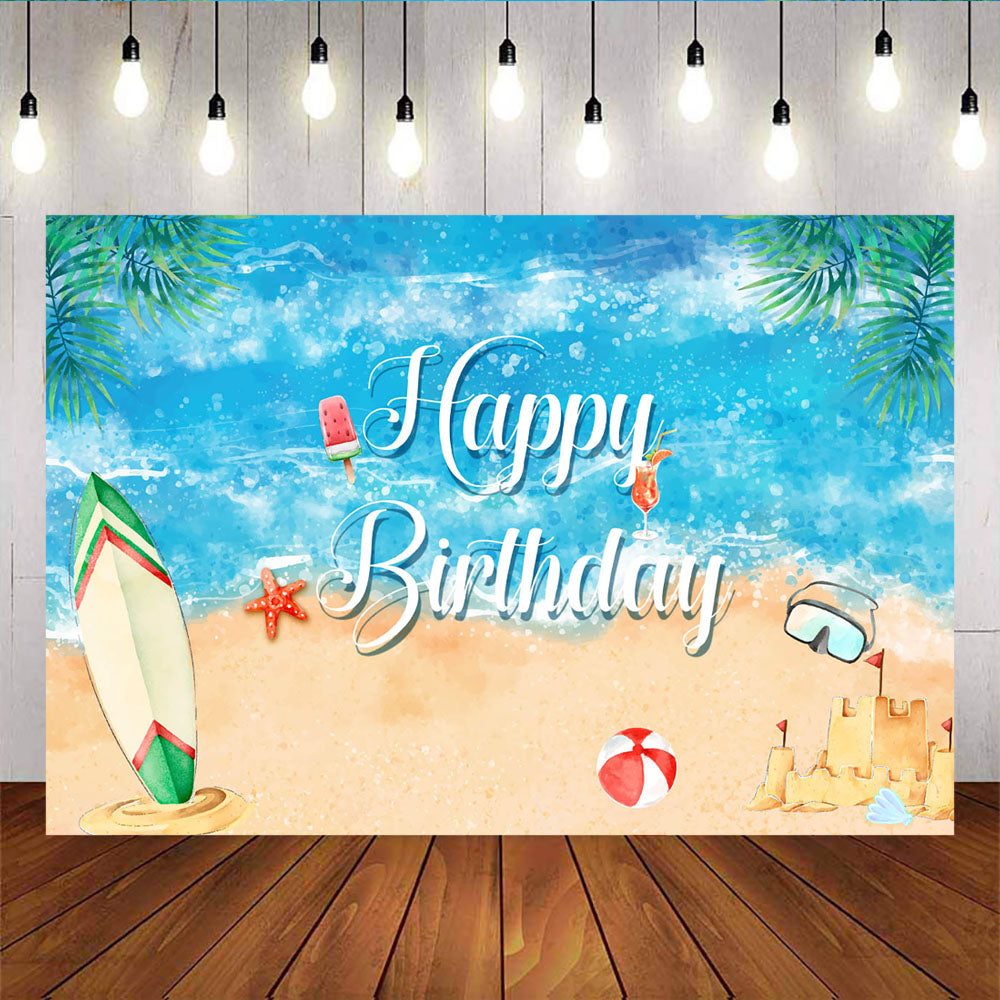 Mocsicka Summer Beach Blue Sea Happy Birthday Backdrop Custom Newborn Background-Mocsicka Party