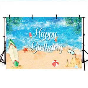 Mocsicka Summer Beach Blue Sea Happy Birthday Backdrop Custom Newborn Background