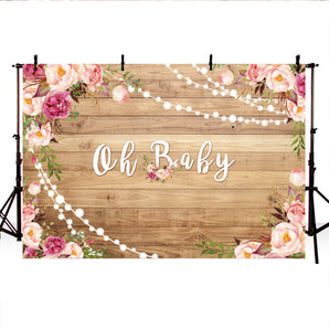 Mocsicka Oh Baby Backdrop Wooden Floor and Flowers Baby Shower Decor Props