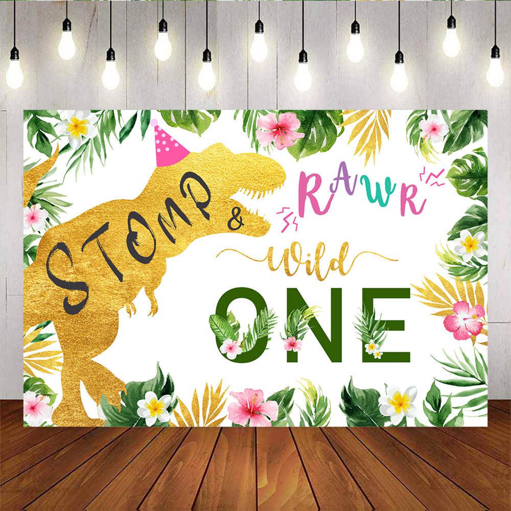 Mocsicka Wild One Background Gold Dinosaur Jungle Flowers First Birthday Backdrops-Mocsicka Party