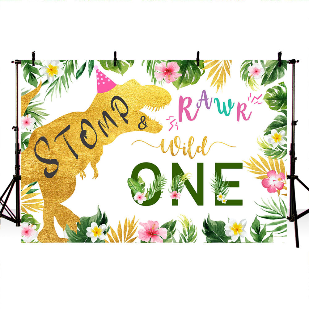 Mocsicka Wild One Background Gold Dinosaur Jungle Flowers First Birthday Backdrops