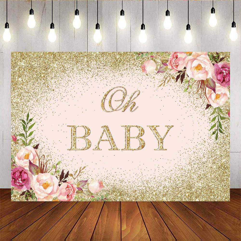Mocsicka Oh Baby Background Gold Dots and Flowers Baby Shower Backdrops-Mocsicka Party