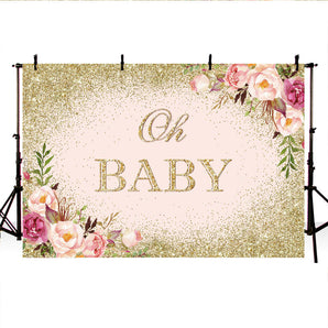Mocsicka Oh Baby Background Gold Dots and Flowers Baby Shower Backdrops