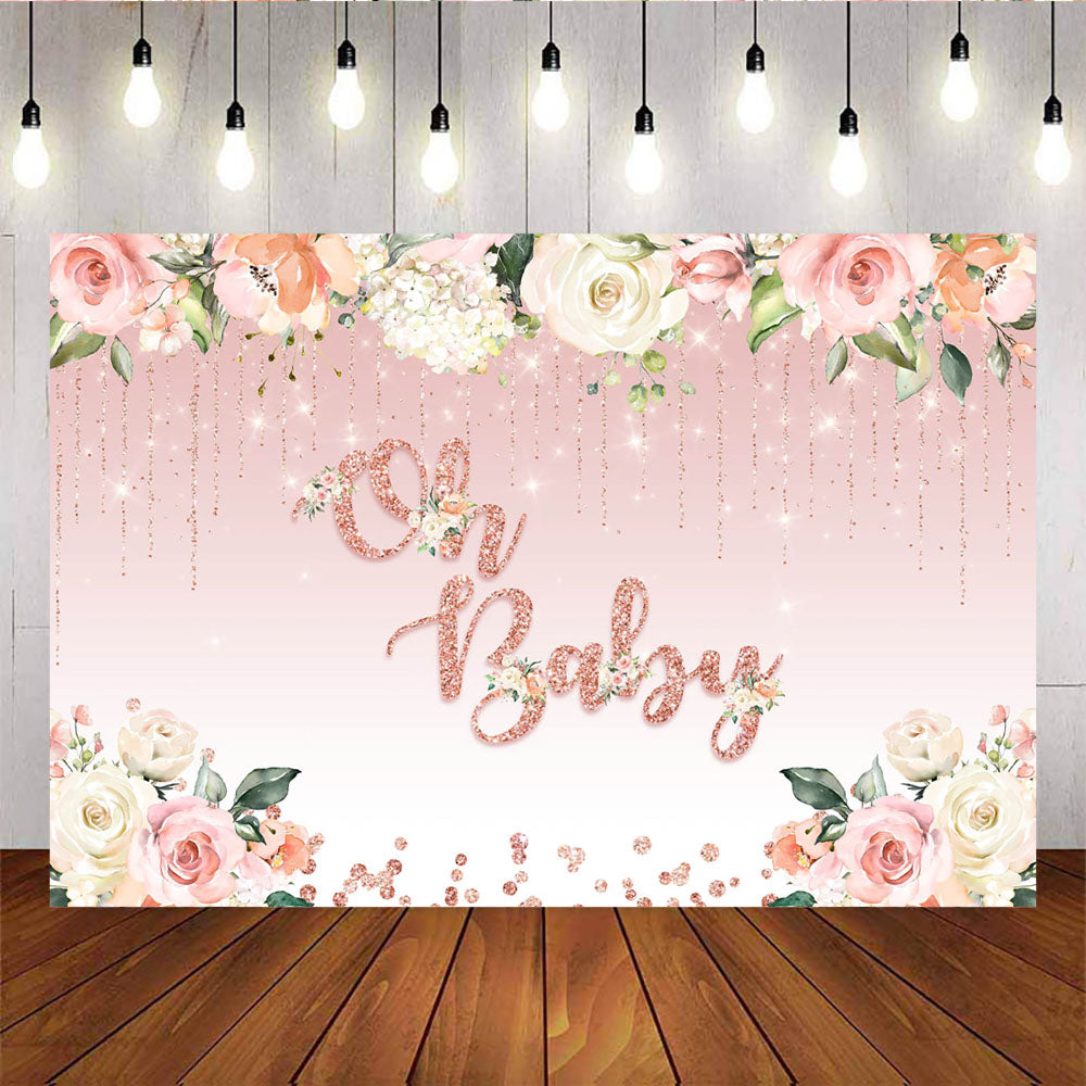 Mocsicka Oh Baby Backdrop Flowers Rose Golden Dots Baby Shower Decor Props-Mocsicka Party