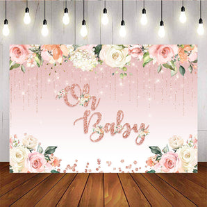 Mocsicka Oh Baby Backdrop Flowers Rose Golden Dots Baby Shower Decor Props-Mocsicka Party
