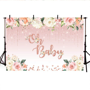Mocsicka Oh Baby Backdrop Flowers Rose Golden Dots Baby Shower Decor Props