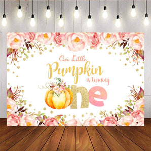 Mocsicka Little Pumpkin Gold Dots and Flowers First Birthday Party Backdrops-Mocsicka Party