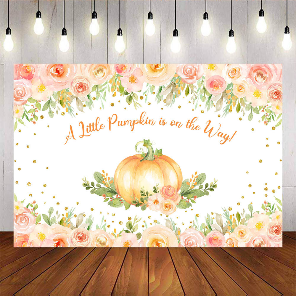 Mocsicka Little Pumpkin Flowers and Gold Dots Baby Shower Back Drop-Mocsicka Party