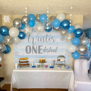 Mocsicka Winter Onederland Blue and White Stripes Sliver Snowflakes Baby Shower Backdrop-Mocsicka Party